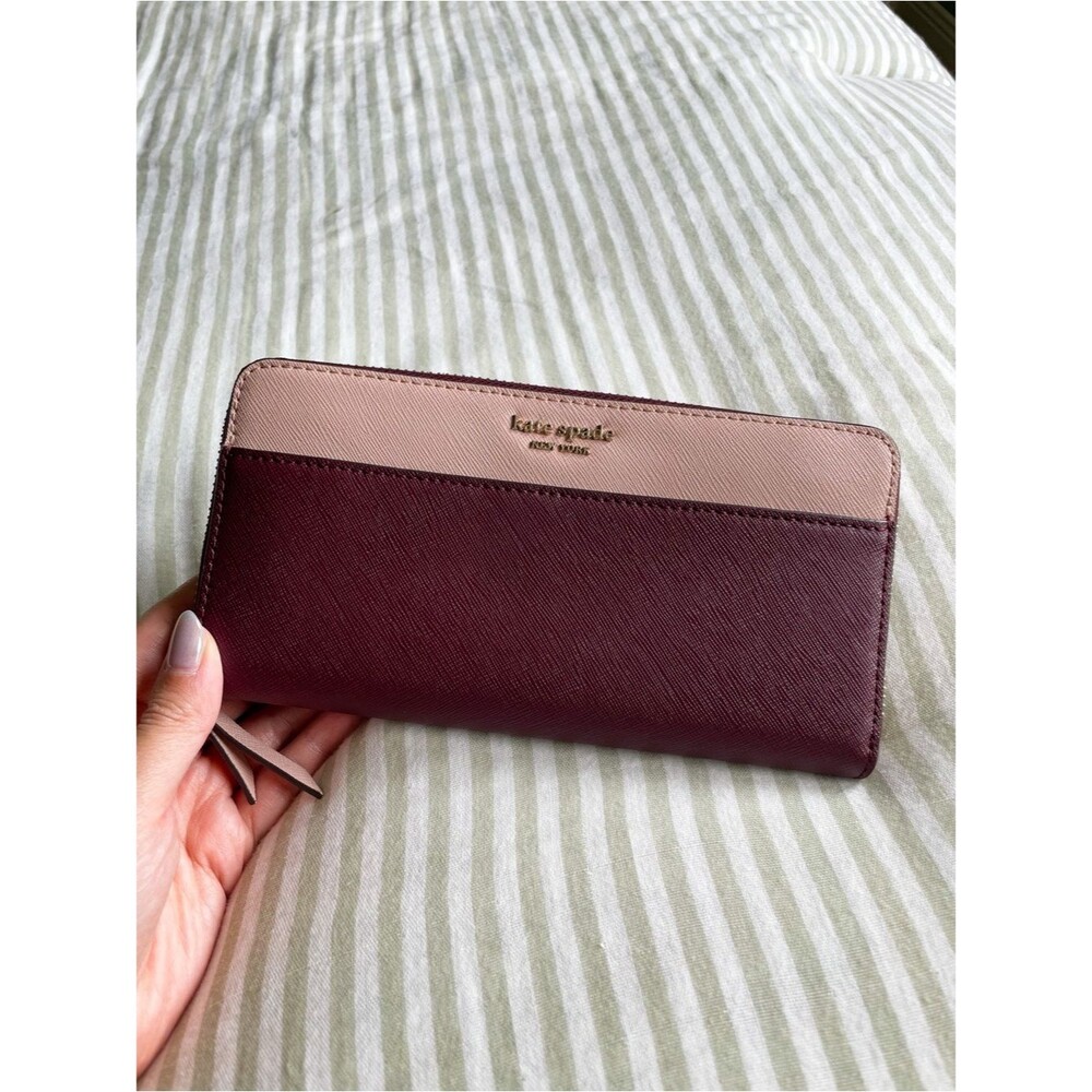 Kate Spade Cameron Large Zip Around Wallet Rose Smoke Wine Colorblock Accordion